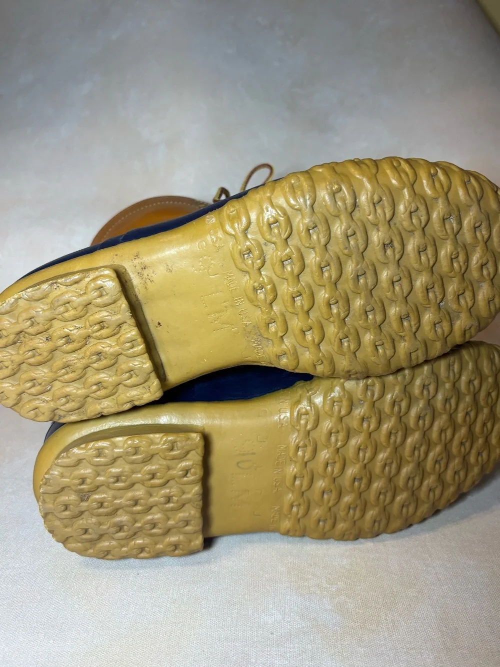L.L. Bean Women’s Bean Boots, Tan Leather & Navy, waterproof hunting, 9 LM